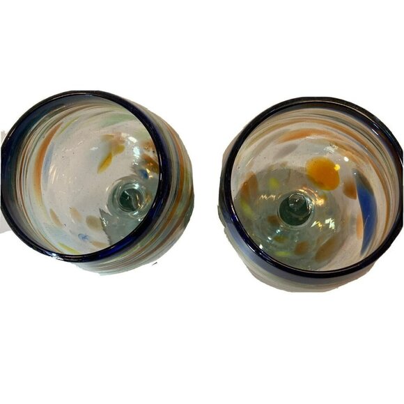Artisan Hand Blown Recycled Confetti Blue Rim Wine Glasses Set of 2 - Picture 3 of 8